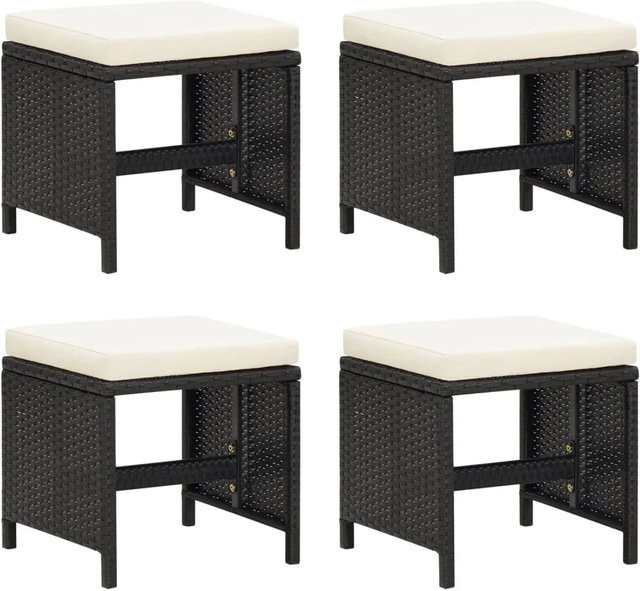 vidaXL Gartenhocker Set 4 Stück aus Poly Rattan mit Sitzkissen in Schwarz und Cremeweiß, B/T/H: 40,5 x 40,5 x 35 cm - Bild 1