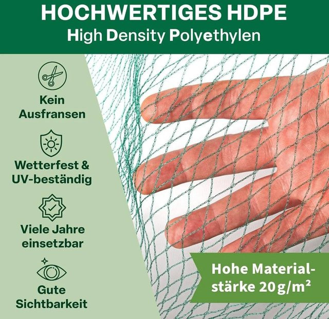 TTL GARDEN Vogelschutznetz Grün, 10 x 10 m, Maschenweite 15 x 15 mm, UV-stabil und reißfestes Gartennetz für Pflanzenschutz und Teich - Bild 1