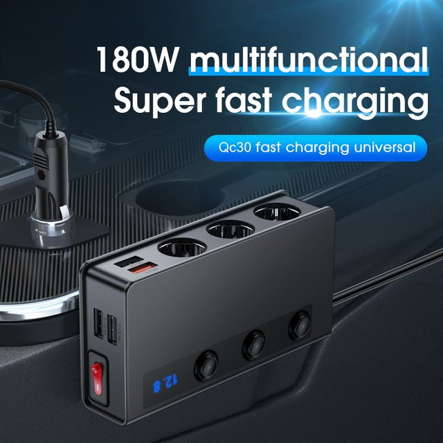 CHEGES Auto Ladegerät mit 4 USB-Ports und Quick Charge 3.0, 180 W Adapter für 12 V/24 V, Schwarz - Bild 1