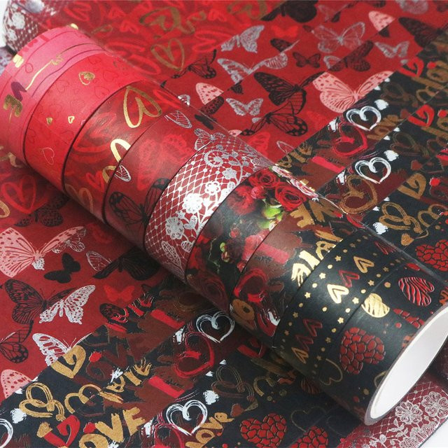 Washi Tape Set mit 9 Rollen in Gold für DIY Scrapbook und Geschenkverpackungen mit Herz- und Schmetterlingsmustern - Bild 1