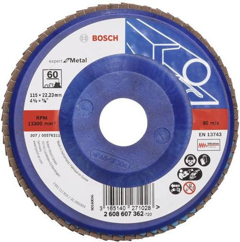Bosch Fächerschleifscheibe Expert for Metal Blau Durchmesser: 115 mm, Bohrungs-Ø: 22,23 mm, Körnung: 60 - Bild 1