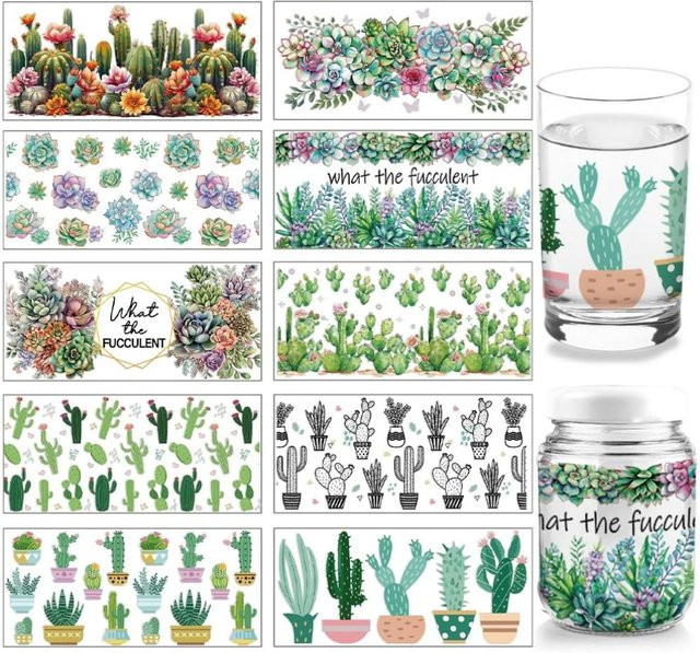 10 Blatt UV DTF Cup Wrap Aufkleber mit Wüstenpflanzen-Motiv, Cactus Succulent Aloe Muster, wasserfeste PVC-Transferaufkleber in Multicolour - Bild 1