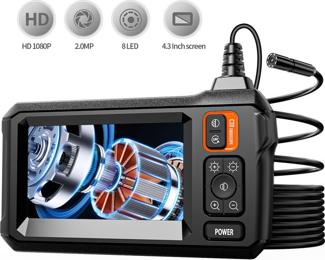 GUANMOU Industrielle Endoskopkamera mit 4,3 Zoll Bildschirm, HD Inspektionskamera, wasserdicht IP67, 8mm Schlangenkamera, Schwarz - Bild 1
