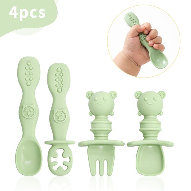 4-teiliges Silikon Besteckset für Babys aus BPA-freiem Material in Beige mit Löffeln und Gabeln in verschiedenen Längen - Bild 1
