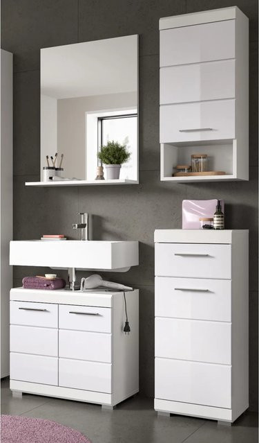 Inn.Furn Badmöbel-Set Shawn 4-teilig in Weiß Hochglanz mit Waschtischunterschrank, Spiegelschrank, Wandschrank und Seitenschrank, Breite: 112 cm - Bild 1