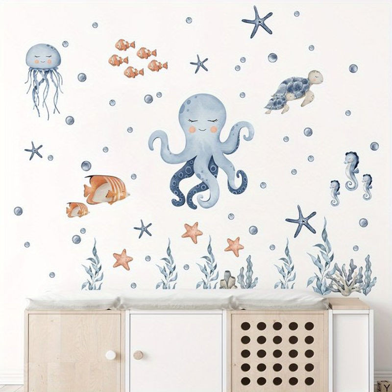 BRUP Wandaufkleber Cartoon Oktopus Maritimes Tier Motiv für Kinderzimmer und Wohnzimmer, Mehrfarbig - Bild 1