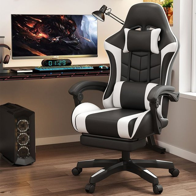 Ergonomischer Schreibtischstuhl von MOYU mit Kopfstütze und Lordosenstütze, drehbarer Chefsessel aus Kunstleder in Schwarz-Rot für dein Home-Office oder Spielzimmer - Bild 1