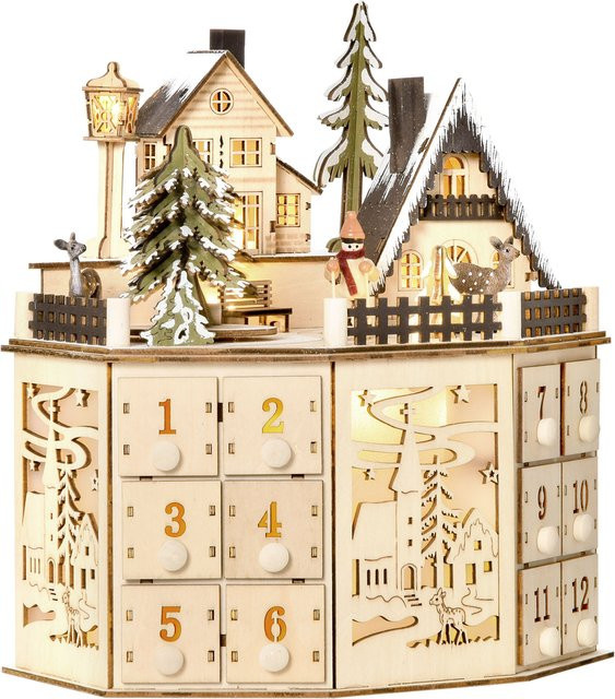 HOMCOM Weihnachts-Adventskalender aus Sperrholz mit 24 Zugkästen und LED-Lichtern, Farbe: Braun, B/T/H: 25 x 20 x 29 cm - Bild 1