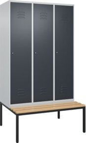 C+P Spind Classic PLUS Garderobenschrank mit Sitzbank, 3 Abteile, B/T/H: 212,0 x 120,0 x 81,5 cm, Zylinderschloss, 4 Garderobenhaken, mittige Trennwand, Buche-Hartholz und Stahl - Bild 1
