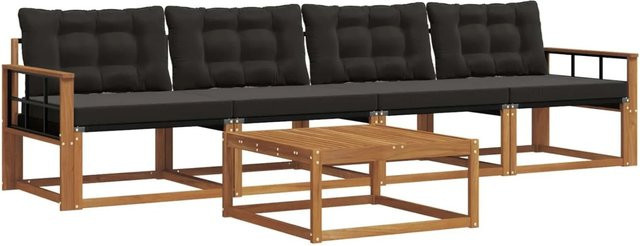 vidaXL Outdoor-Sofagarnitur 5-tlg. aus Akazienholz und Textilene in Natur und Schwarz mit Kissen - Bild 1