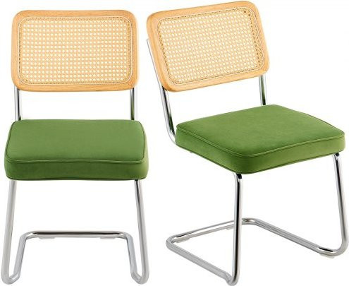 VEVOR Rattan Stühle Set aus 2 Stück, Mid Century Modern Esszimmerstühle mit Samtpolsterung und Rattan-Rückenlehne in Grün - Bild 1