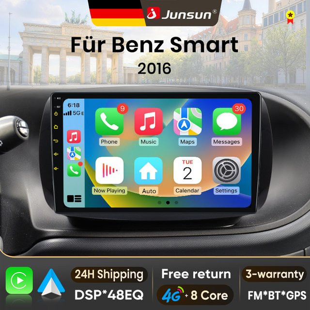 Junsun Android 15 Autoradio für Mercedes Benz Smart 453 Fortwo 2014-2020 mit 9 Zoll IPS-Bildschirm, kabelloses Apple CarPlay und Stereo-Multimedia-Videoplayer in Schwarz - Bild 1