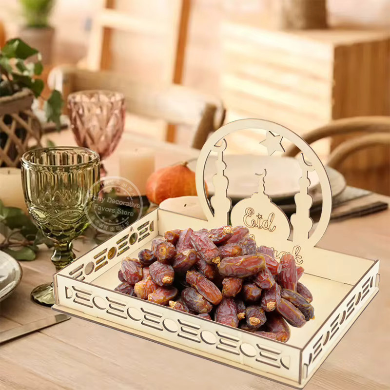 ZQNYCY Holz-Serviertablett mit Mond- und Stern-Design in Braun für Ramadan und Eid Mubarak als orientalische Tischdekoration - Bild 3