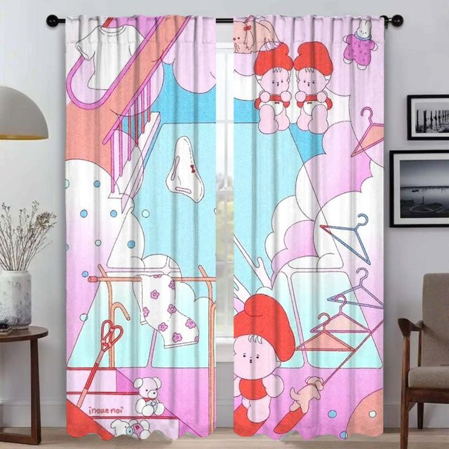 Niedliche Mädchen Vorhänge für Wohnzimmer und Küche, 2er Set mit Tiermotiven, halbtransparent, Mehrfarbig, Breite: 50 cm, Höhe: 70 cm - Bild 1