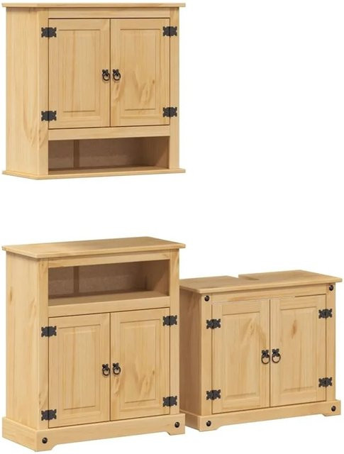vidaXL 3-teiliges Badmöbel-Set Corona aus Massivholz Kiefer in Braun, Wandmontage, Rustikaler Stil - Bild 1