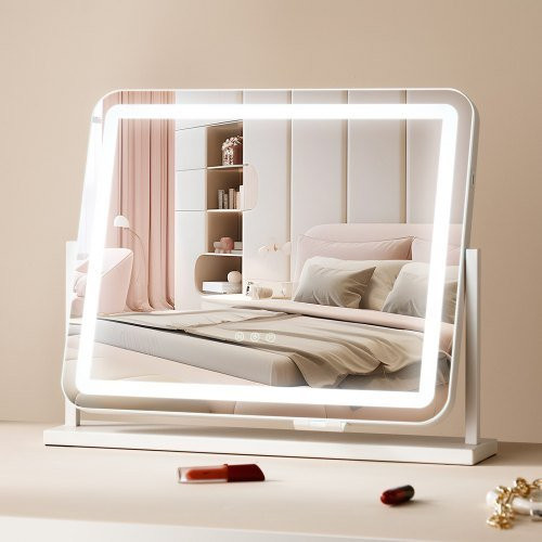 VEVOR Hollywood Schminkspiegel mit LED-Beleuchtung in Weiß, Kosmetikspiegel mit 3 Farbmodi, 5-facher Vergrößerung, USB-Anschluss und Smart-Touch-Steuerung, 360 Grad drehbar, Breite: 54,7 cm, Höhe: 44,7 cm - Bild 1