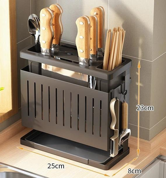 Yiran Furniture Wandmontiertes Küchen-Aufbewahrungsregal aus Edelstahl und Kunststoff in Schwarz mit Magnetstreifen und Haken - Bild 1