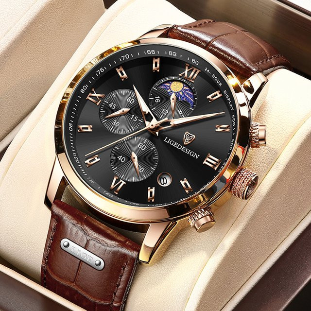 LIGE Armbanduhr, Quarz, Leder, Schwarz, Herren - Bild 1