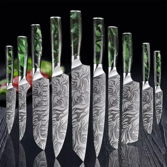 GuanQi Laser Damaskus Messer Set mit Harzgriff in Silber für Fleisch, Obst, Brot, Gemüse und zum Ausbeinen - Bild 1