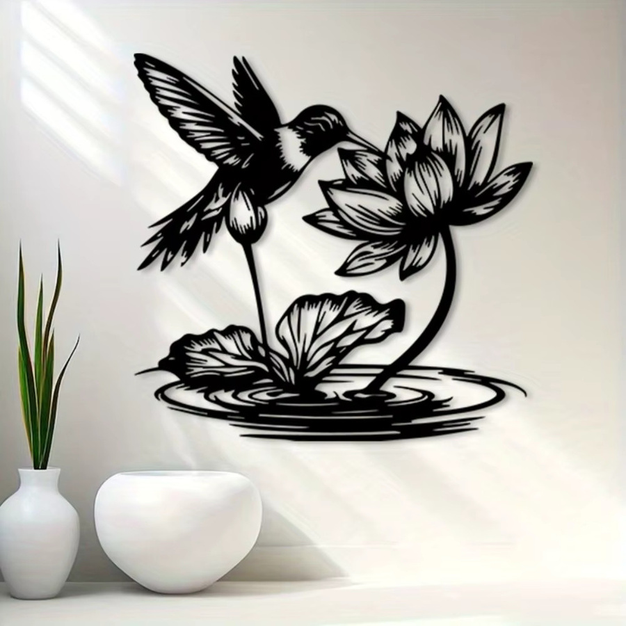 CIFBUY Wandkunst aus rostfreiem Eisen mit Kolibri und Lotus in Schwarz, Vintage Blumen-Dekoration für Innen und Außen, B/H: 30,48 x 30,48 cm - Bild 3
