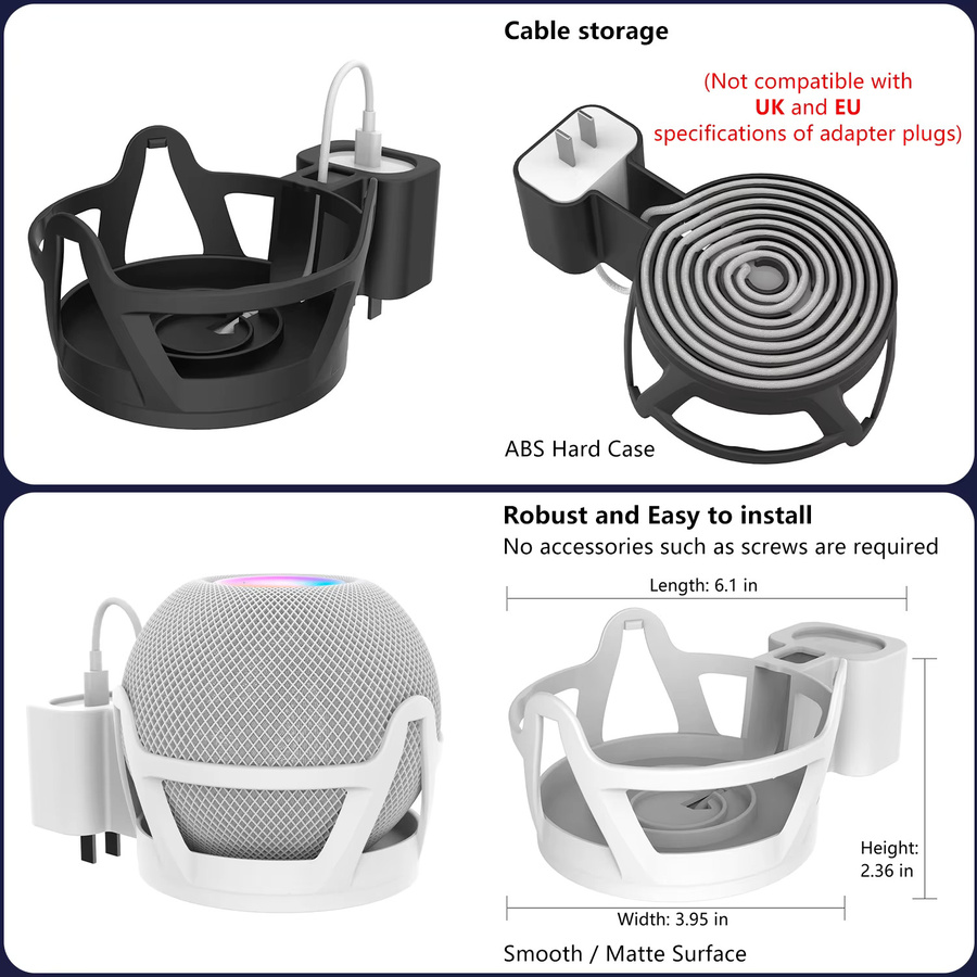 Apple HomePod Mini Wandhalterung mit Steckdosengriff und Kabelaufbewahrung aus ABS-Hartschale, Farbe: Weiß - Bild 4
