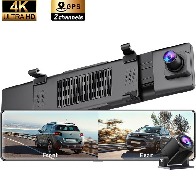 Adinkam 12-Zoll Dual-Kanal Dashcam Rückspiegel in Schwarz mit 4K UHD Videorekorder, GPS und IPS Touchscreen zur Rückfahrassistenz - Bild 1