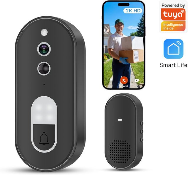 Tuya Kabellose WLAN-Videotürklingel in Schwarz mit 1080P HD, Zwei-Wege-Audio, Nachtsicht und Bewegungserkennung, IP65 Wasserdicht - Bild 1