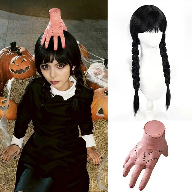 Suri Hair Mittwoch Perücke, schwarze Damenperücke mit Pony und doppelten Zöpfen, synthetische Perücke, Horrorhandschuh, Set - Bild 1
