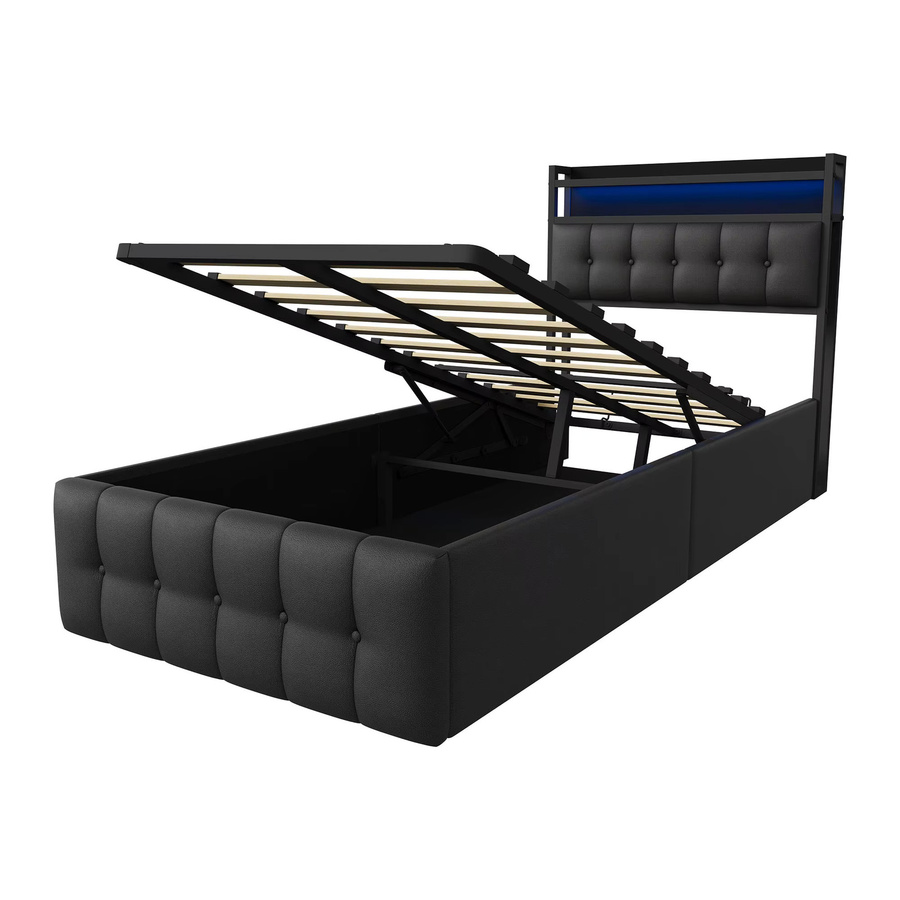 Anajqaqia Polsterbett mit hydraulischem Stauraum und Kopfteil mit Regal, Einzelbett in Schwarz, B/T: 90 x 200 cm - Bild 8