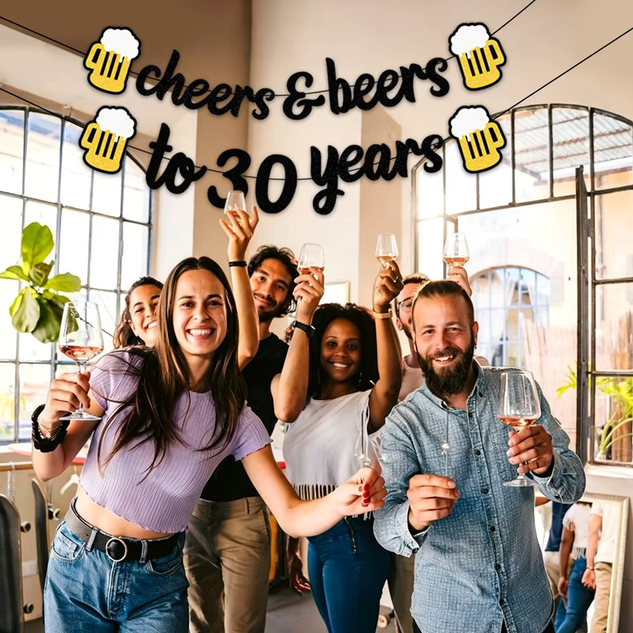 AFYPRTY Cheers to 30 Years Banner Schwarz-Gold Glitzer Girlande für die 30. Geburtstagsfeier - Bild 4