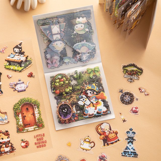 Pixel-Märchenserie Kawaii-Aufkleber aus PET im Vintage-Stil, 4 verschiedene Designs, Mehrfarbig - Bild 1