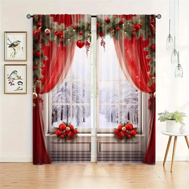 2er-Set Weihnachts Vorhänge mit 3D Weihnachtsmann und Schneeszene in Rot, halbtransparent mit Ösen, Breite: 50 cm, Höhe: 130 cm pro Paneel - Bild 1