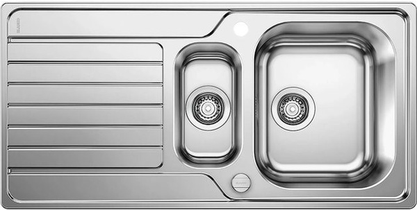 Blanco Einbauspüle Dinas 6 S Spülbecken aus Edelstahl in Silber mit Restebecken, Tropftasse und Drehknopf-Siebkorbüberlaufventil