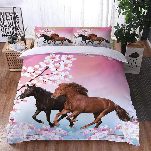 JMG Household Supplies Bettwäscheset mit Kirschblüten und Pferdemotiv aus Mikrofaser, Mehrfarbig, B/H: 135 x 200 cm - Bild 1