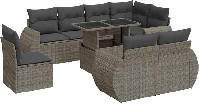 vidaXL 9-tlg. Garten-Sofagarnitur in L-Form aus grauem Poly-Rattan mit Kissen und pulverbeschichtetem Stahlgestell - Bild 1