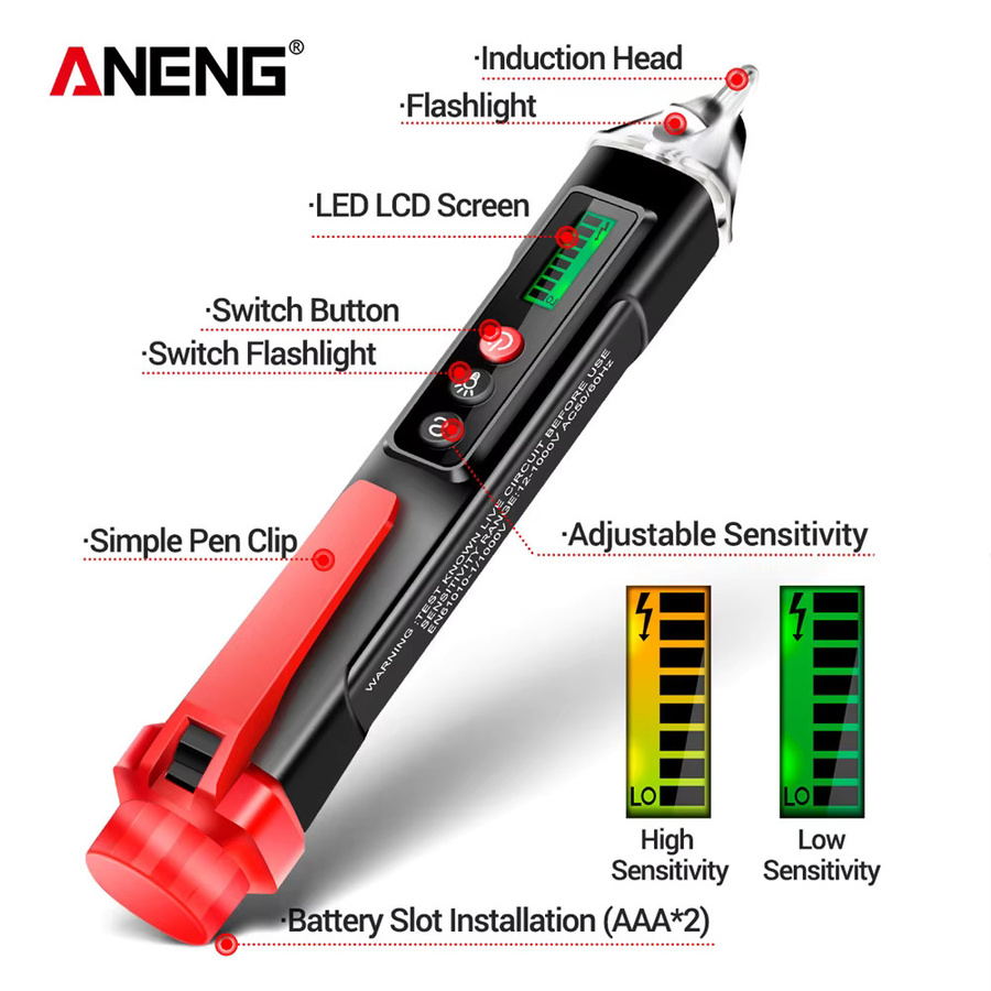 ANENG VC1010 Intelligenter Digitaler Spannungsprüfer für 12-1000V AC/DC in Rot - Bild 4
