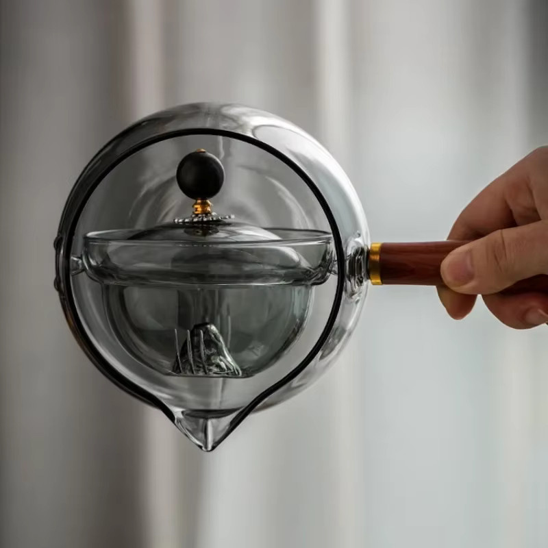 Hitzebeständige Glas-Teekanne mit 360 Grad rotierendem Teebereiter und Holzgriff, transparent - Bild 5