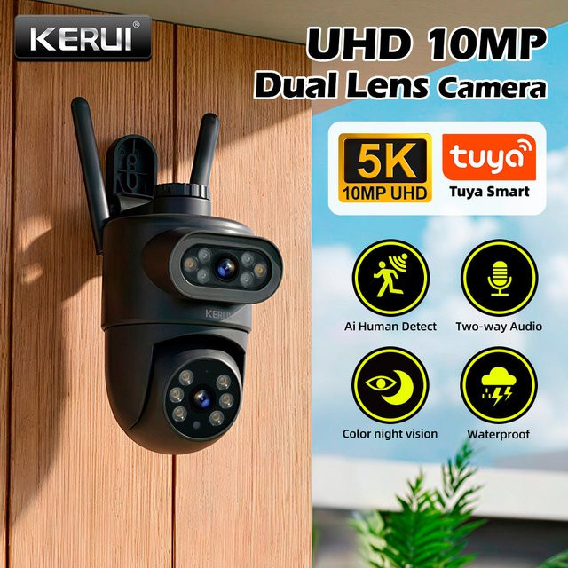 KERUI 5K 10MP HD WLAN PTZ IP-Kamera für Außenbereich mit Doppellinse, Doppelbildschirm, KI-Auto-Tracking und Audio-Video-Überwachung, Tuya Smart, Schwarz - Bild 1