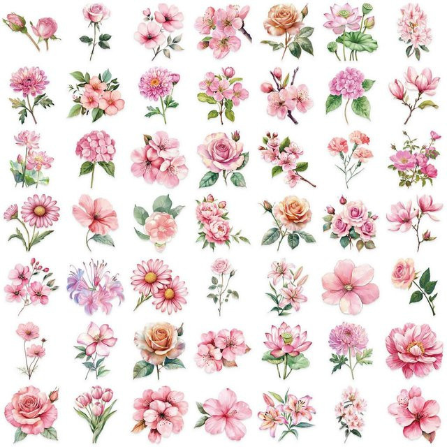 50 Stück Transparente Cartoon Rosa Blumen Aufkleber aus PET, Wasserdichtes Scrapbooking Zubehör von YourLife Store - Bild 1