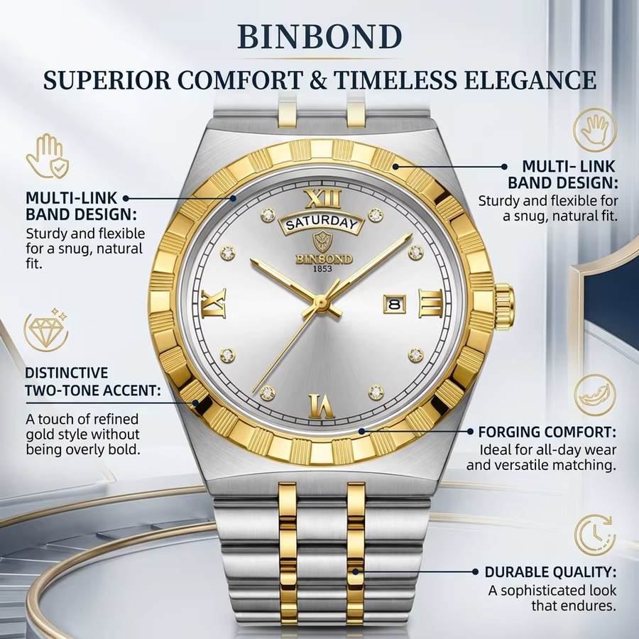 BINBOND Armbanduhr Edelstahl, Bicolor, Gold, Quarz, Herren - Bild 3