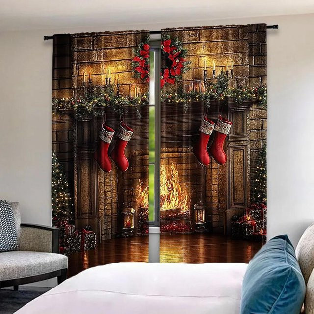 2er-Set Weihnachtsdekor Fenstervorhänge im Vintage-Stil mit Kamin- und Weihnachtsstiefel-Motiv, braun, B: 75 cm, H: 166 cm - Bild 1