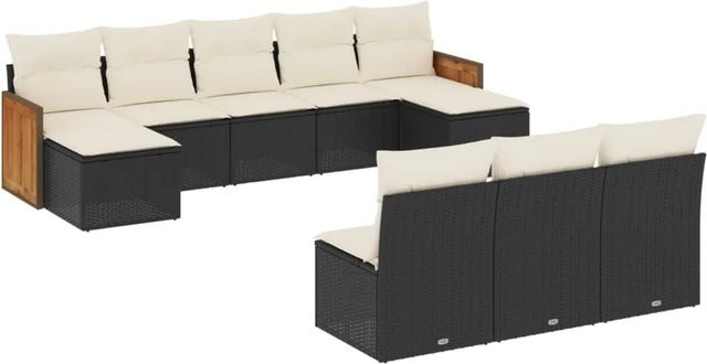 vidaXL 10-tlg. Garten-Sofagarnitur in U-Form aus Poly-Rattan und Akazienholz, Schwarz - Bild 1