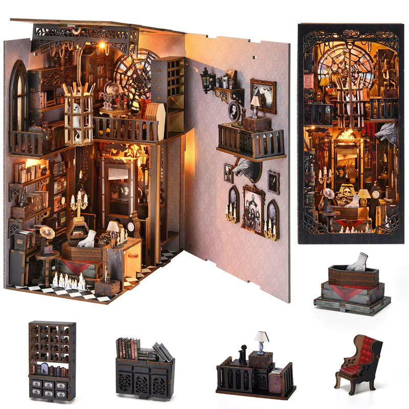 ASLOWSNAIL Book Nook Kit Dark Family DIY Holzpuzzle im Gothic-Stil für Halloween, schwarzes Modell für das Bücherregal als dekorative Buchstütze - Bild 2