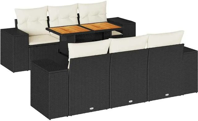vidaXL 7-teilige Garten-Sofagarnitur aus Poly-Rattan und Akazienholz in Schwarz mit Kissen und Stauraum - Bild 1