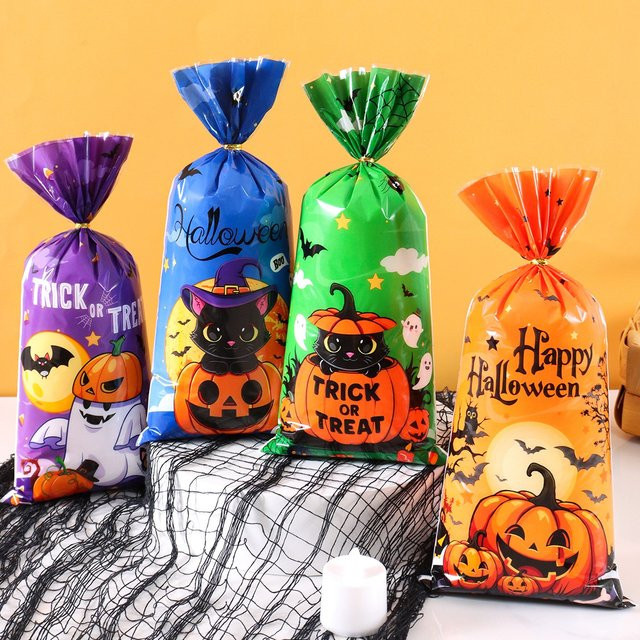 Halloween Geisterkatze Süßigkeitenbeutel aus Kunststoff für Keksverpackung und Partydeko, Mehrfarbig - Bild 1