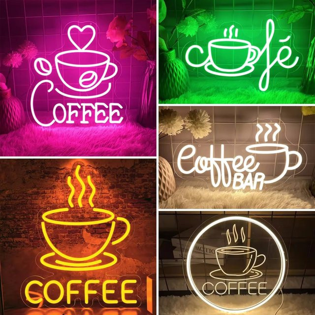 Moderne Kaffee-Leuchtreklame als Neon-LED-Wandschild für Café, Restaurant oder Zuhause in transparentem Design - Bild 1