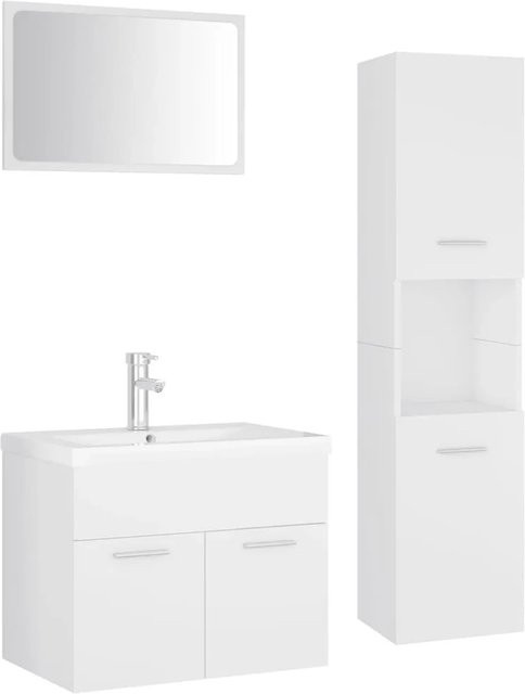 vidaXL Badmöbel-Set Weiß aus Holzwerkstoff mit Waschbeckenunterschrank, Hochschrank, Spiegel und Einbaubecken inklusive Wasserhahn - Bild 1
