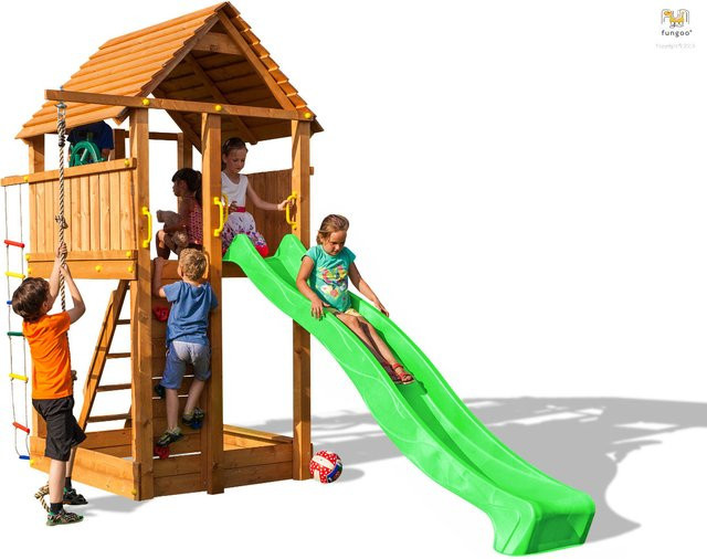 Fungoo Spielturm Fortress aus Teakholz mit Rutsche, Holzdach, Kletterseil, Kletterwand und Leiter - Bild 1