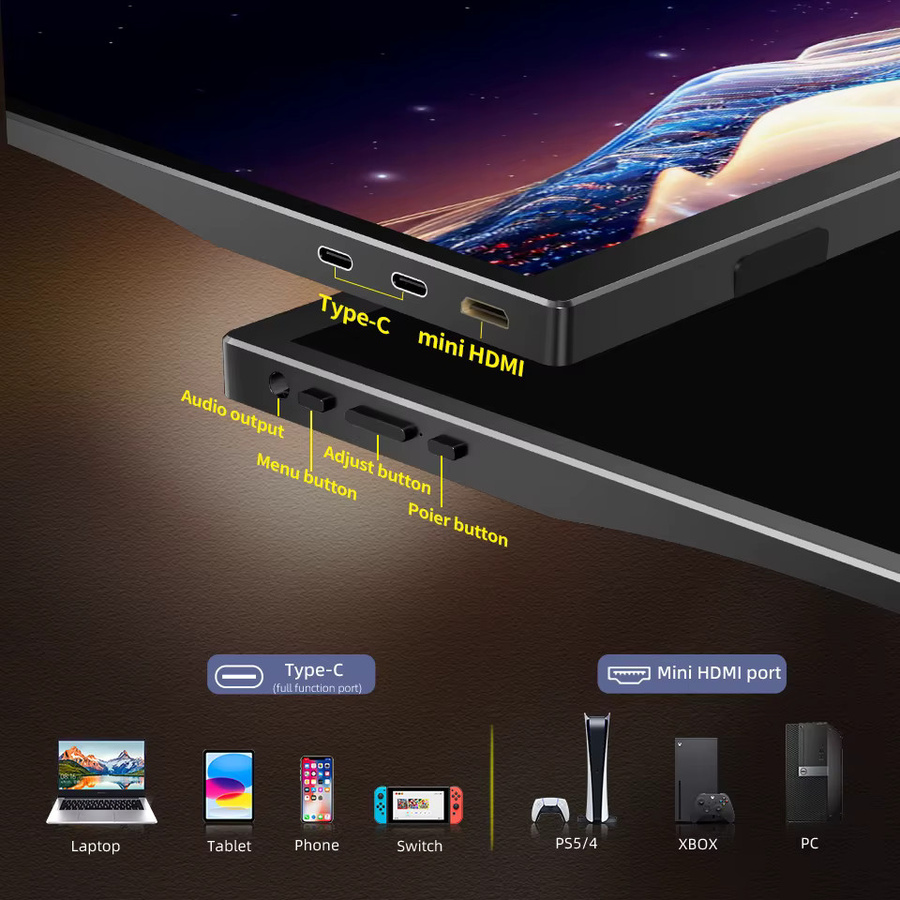 HGFRTEE Tragbarer 16-Zoll Monitor mit 165 Hz, 100 % sRGB, USB-C und HDMI, Schwarz, Kompatibel mit Laptop, Nintendo Switch, Xbox und PlayStation - Bild 3