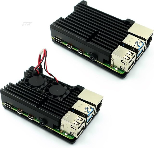 STJF Aluminium Gehäuse für Raspberry Pi 4b/3b/3b mit Doppel-Kühlventilator in Schwarz - Bild 1